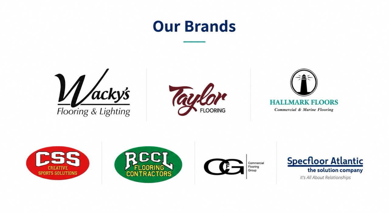 Our Brands: Wacky's Flooring & Lighting, Taylor Flooring, Hallmark Floors, Creative Sports Solutions, Ralph Connor Flooring Contractors, Commercial Flooring Group, and Specfloor Atlantic